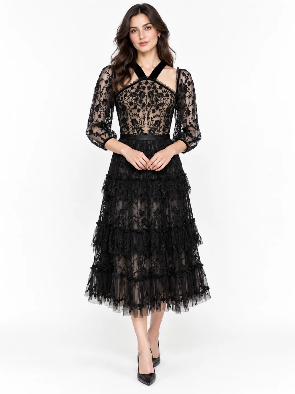 Needle & Thread Black Lace Cold Shoulder Dress Size 8